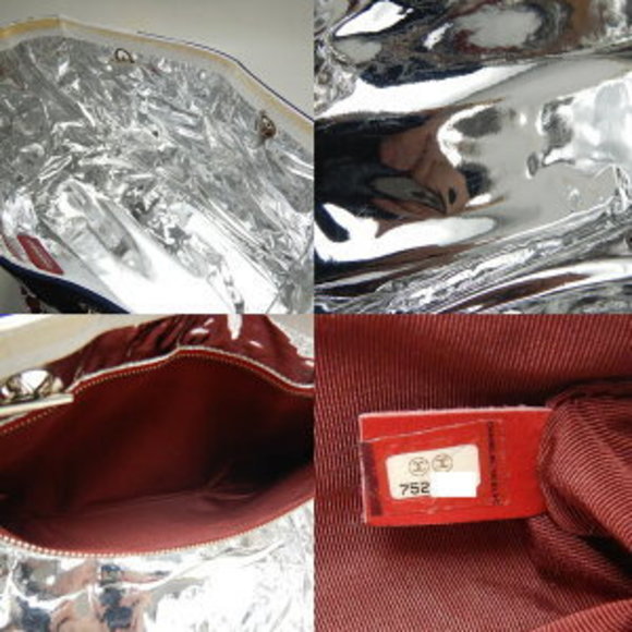 CHANEL Coco Mark Chain Tote Bag Canvas Leather Navy Blue White - Picture 7 of 8